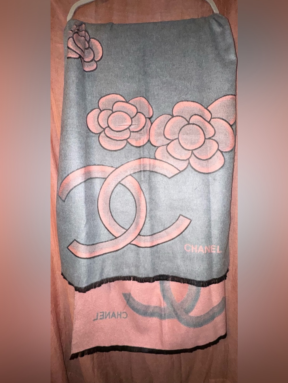 Vintage Chanel Cashmere/Silk Blend CC Logo Camellia Wrap in Grey/Pink 72”x26” - Picture 12 of 15